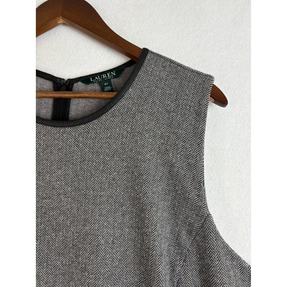 Lauren Ralph Lauren Women Gray Herringbone Sleeveless Dress Faux Leather Trim 2X